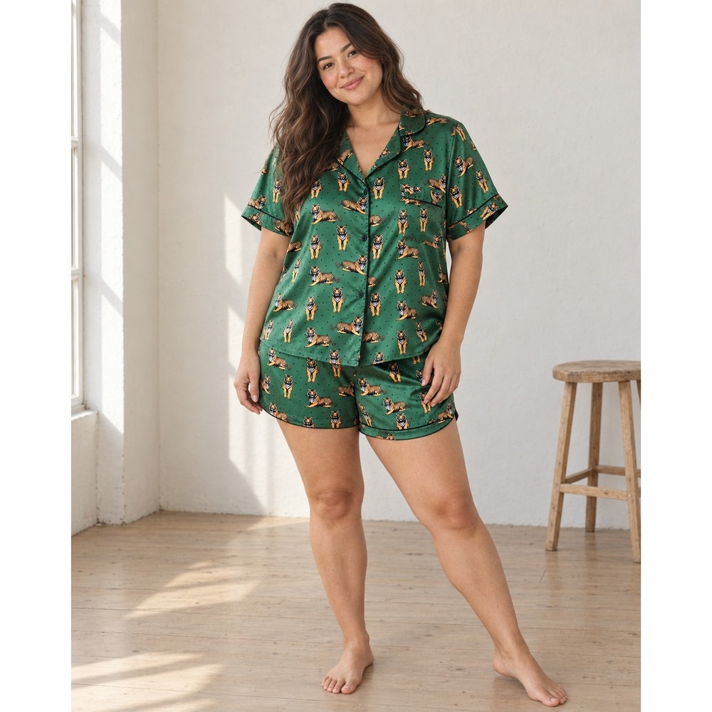 Ekouaer Satin Pajama Set Women XL Green Tiger Print Shorts Set Loungewear